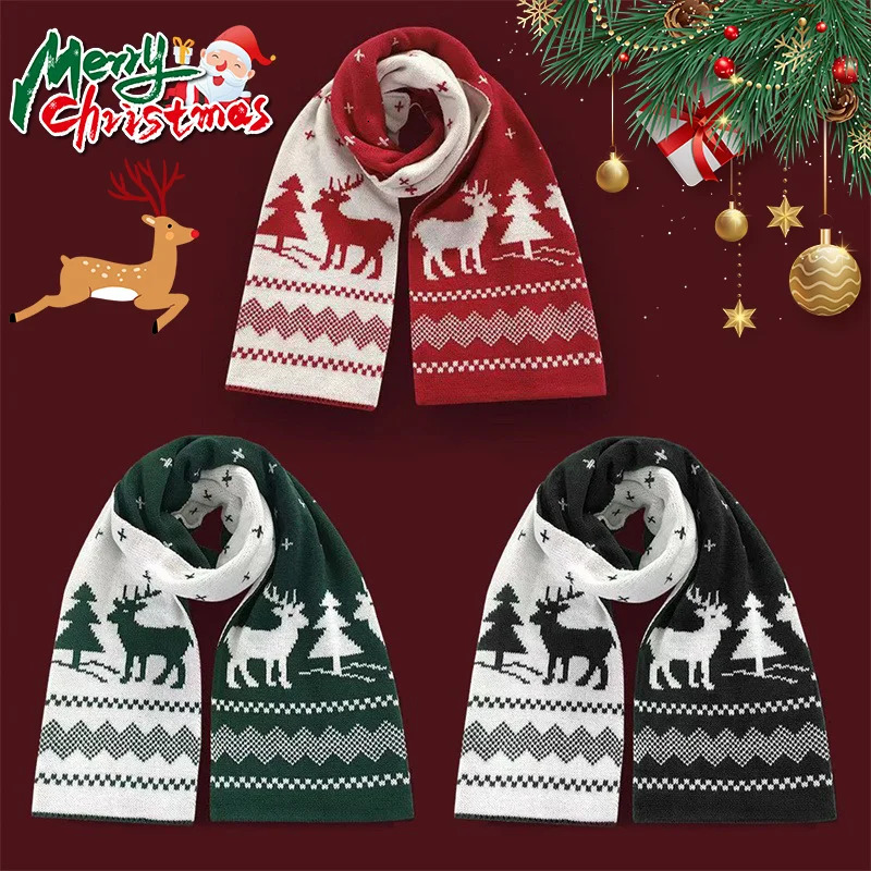 Christmas Women Men Scarf DoubleSided Deer Elk Teenager Girls Boys Knitted Shawl Adult Winter Scarves Family Year Gift 251024