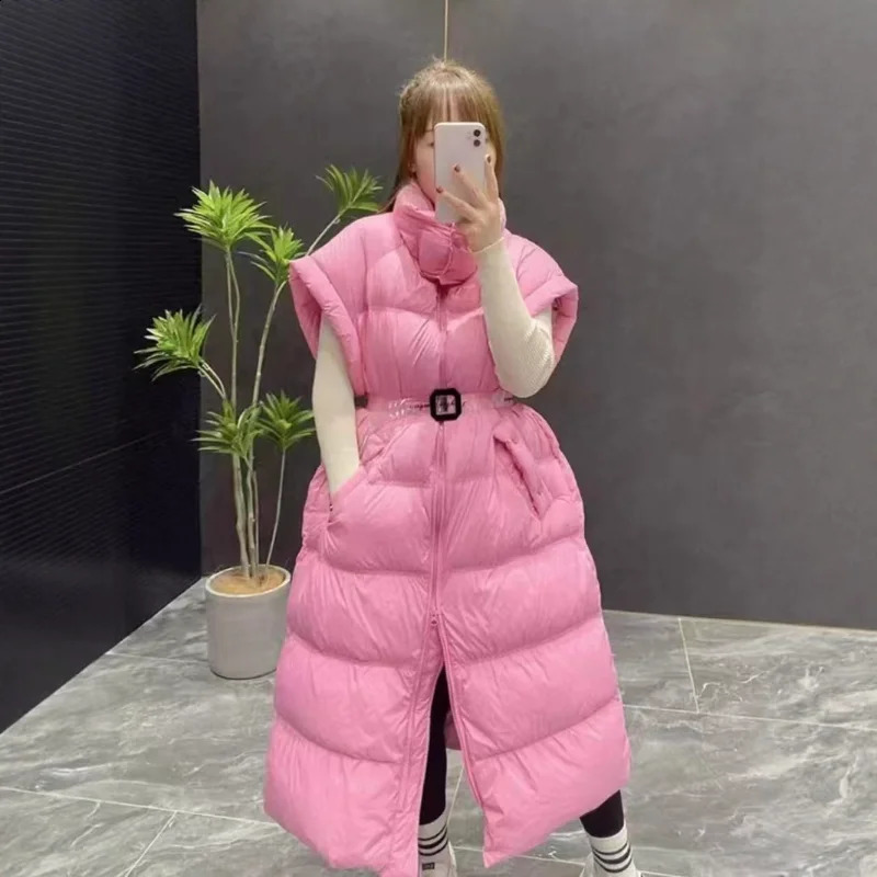Tight Waist Long Duck Down Vest Coat Womens Fashion Thick Stand Collar Warm Jacket Sleeveless Vest Puffer Coats 251027