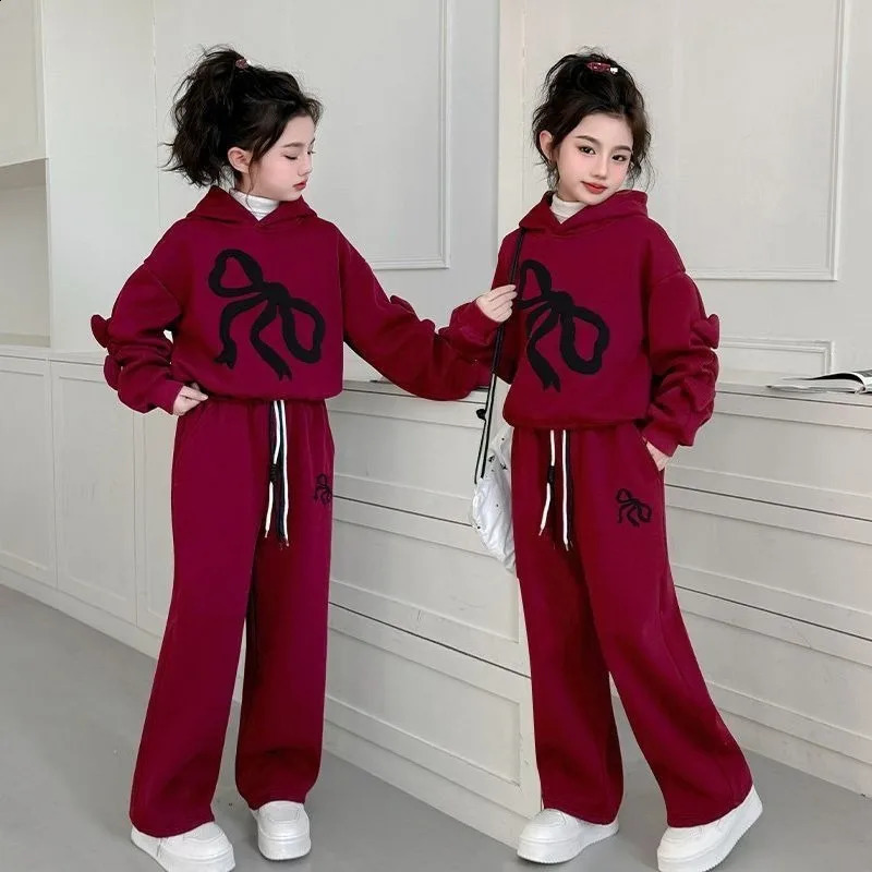 Fleecelined Top Pants 2Piece Set Hoodies Bow Girls Outfits Childrens Clothing Korean Kids Clothes 11 12 Years Girl 10 Old 251027