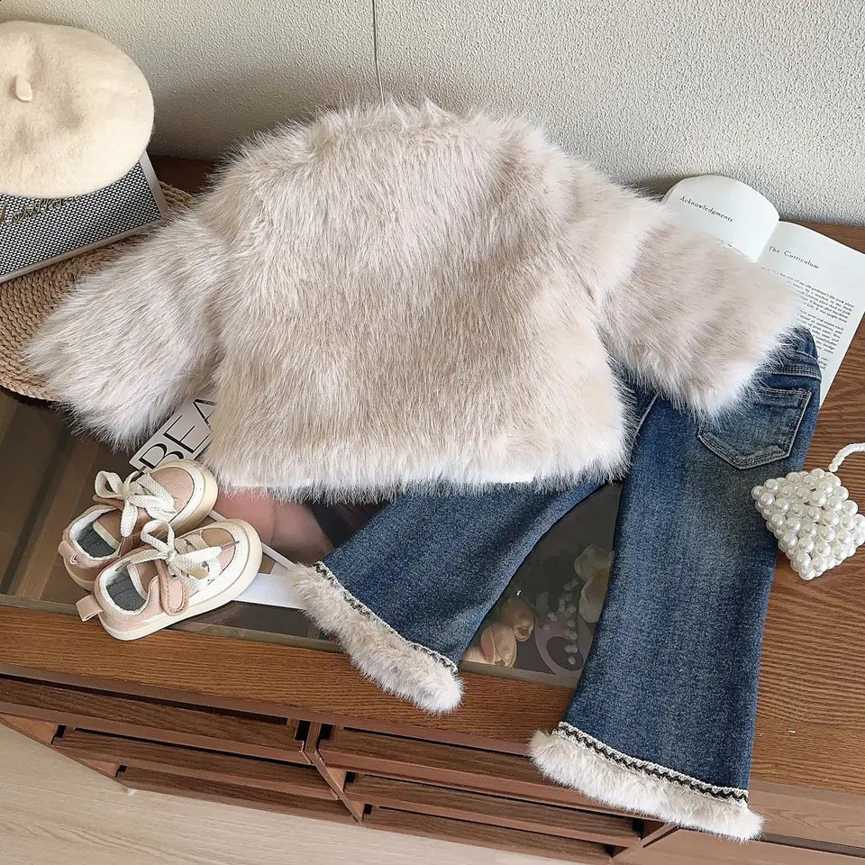 Winter Warm Girls Jeans Girls Fur Jackets Thick Princess Kids CoatsChildren Outerwear 4 5 6 7 8 10 12Yrs 251027