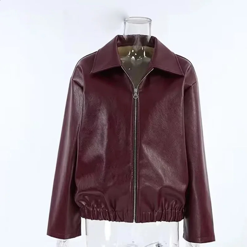 Autumn Women American Style Vintage Solid Bordeaux Red Short Jacket Womens Zipper Long Sleeve Chic Leather Jacket 251027