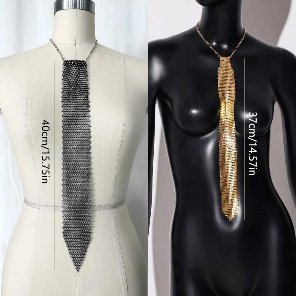 Shiny Narrow Crystal Rhinestone Neck Tie Soft Adjustable Metal Sequin Necktie Gold Necklace Glitter Cravat PartyW251028