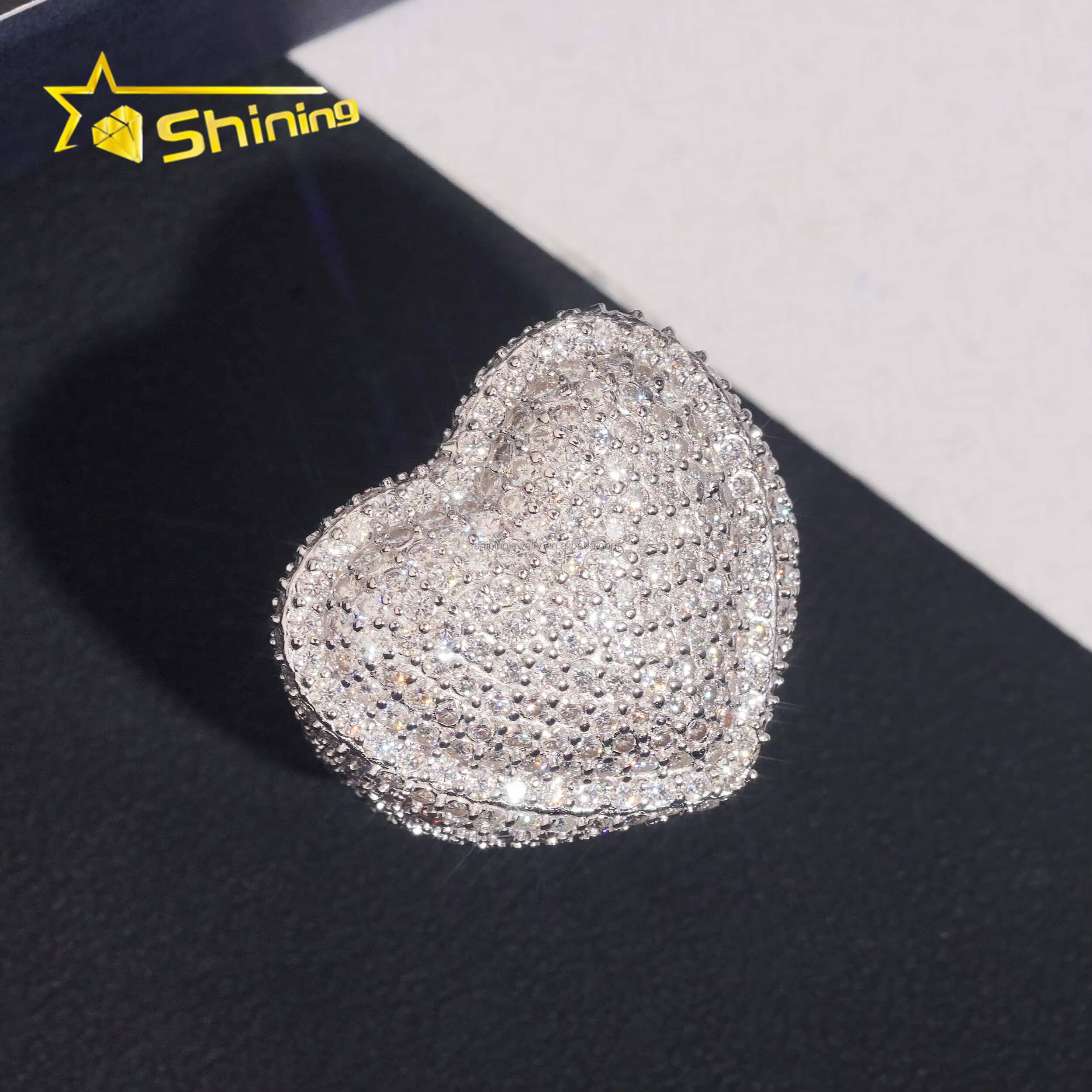Bulk Stock New Arrivals Drop Shipping Hip Hop Fire Jewelry S925 Solid Silver Fully Iced Out VVS1 Moissanite Diamond Heart Ring