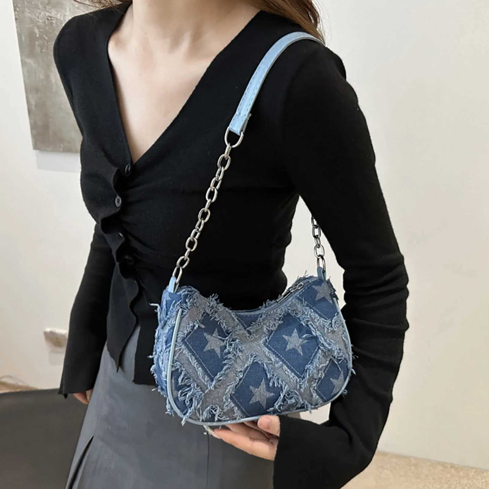 Wed Denim Casual Bag for Wen Shoder Bag Checkered Tassel Trim Underarm Purse Lady Blue Canvas Simple Shoder Bag1 D251028