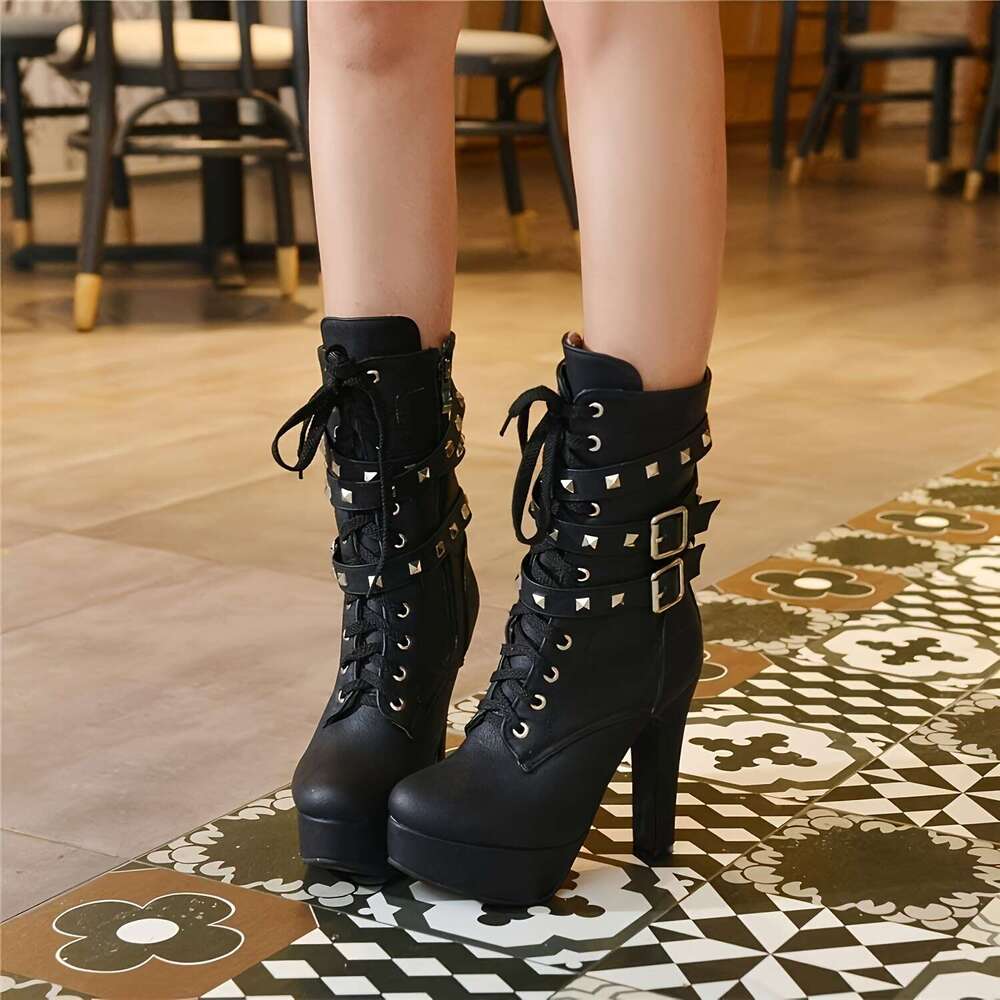 Decorative Boots| Stylish Women's Mid-Calf Platform With Lace-Up Closure, Sexy Round Toe, And Buckle Straps - Black PU Cover Heels For Fashionabl