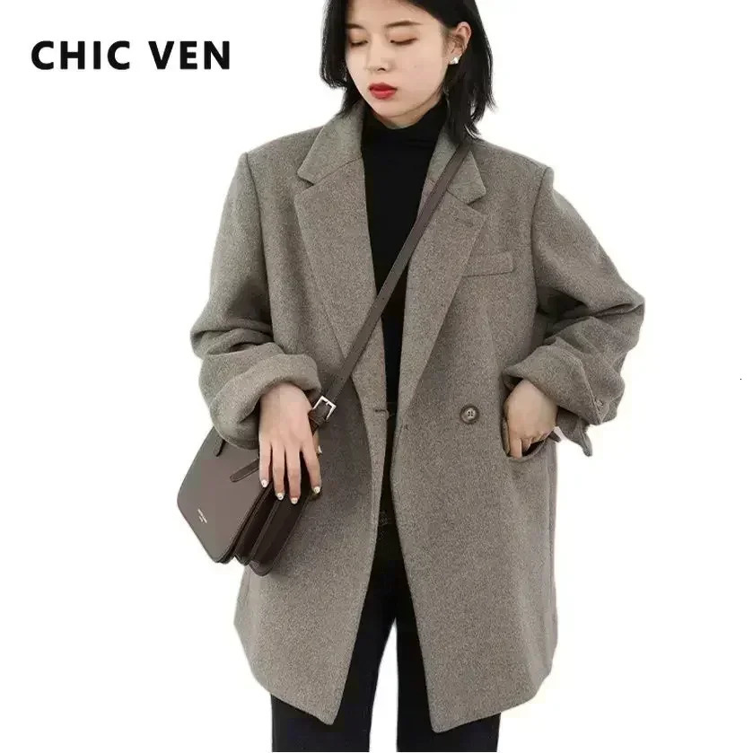 CHIC VEN Autumn Winter Korean Women Woolen Blazer Cotton Lining Thick Warm Jacket Solid Color Coat Female Woman Office Lady Tops 251023