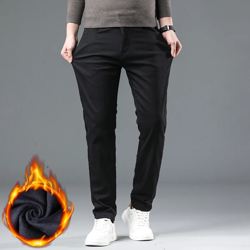 Winter Fleece Pants Mens Thick Slim Elastic Business Casual Velvet Warm Fashion Solid Color Plush Trousers Male 251027