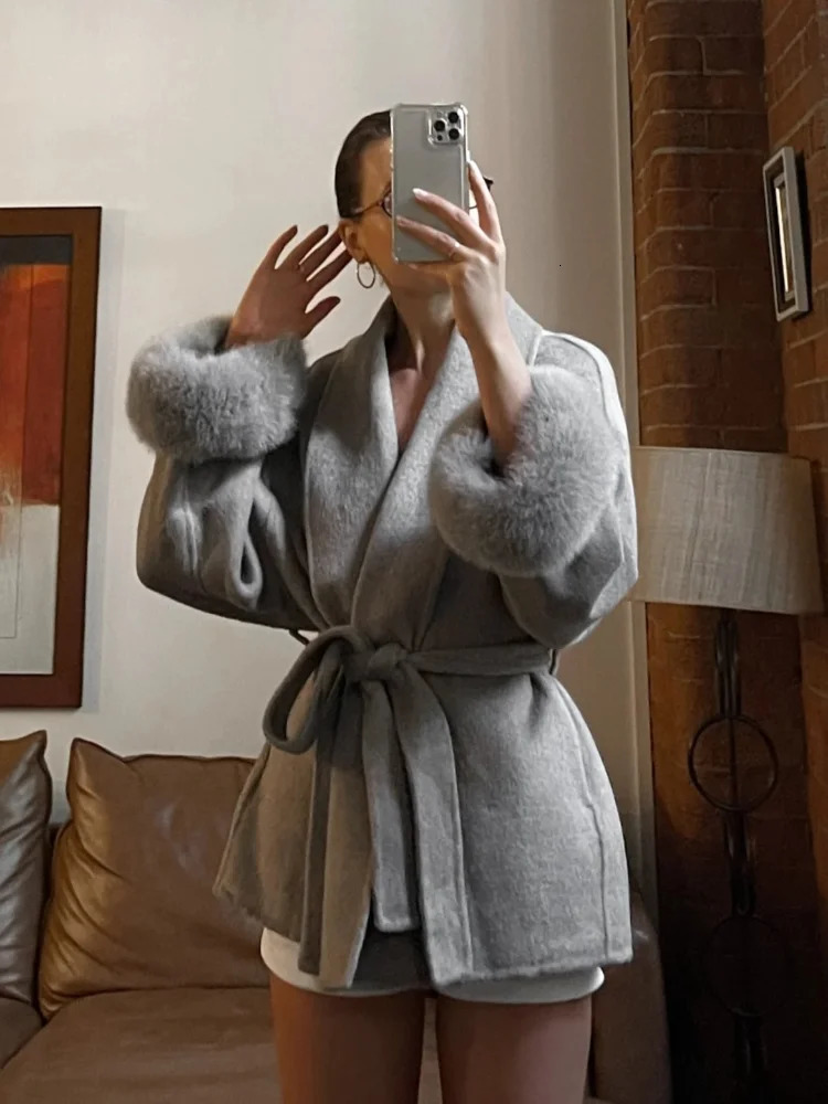 Elegant Lace Up Woolen Short Coat Solid Loose Lapel Furry Belt Long Sleeve Jacket Female Autumn Winter Lady Chic Cardigan 251023