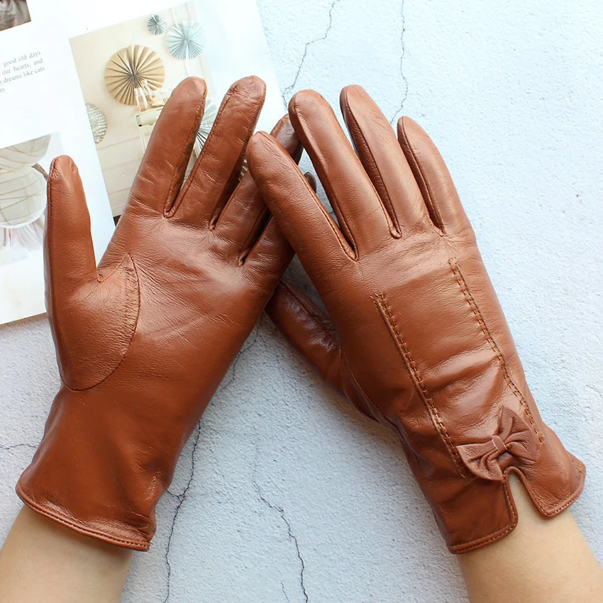 Winter Warm Color Leather Gloves Women Fashion Striped Style Velvet Lining Motorcycle Riding Driving Points 251027