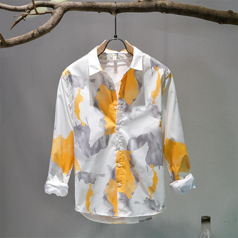Spring and Autumn style lapel fashionable long sleeved mens printed button patch work shirt Korean style pure cotton top240802