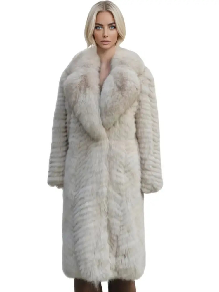 Womens Winter Knitted Fur Coats Lady Fox Fur Long Jacket Overcoat Big Collar 2025 Thick Warm Strip Fur Coat 251027