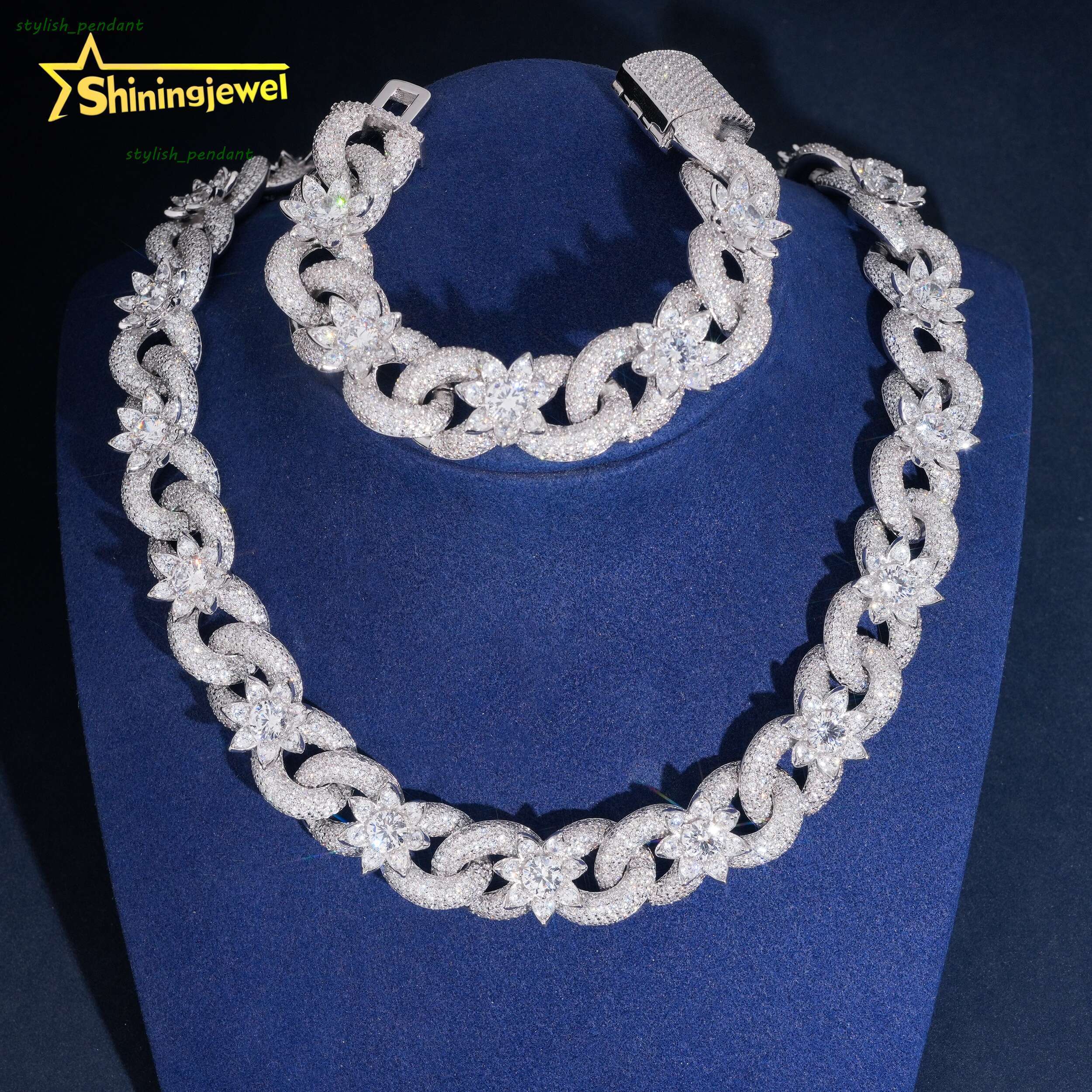 Custom Made Hip Hop Jewelry Bling Fashion Men Necklace 925 Sterling Silver 18MM Flower Moissanite Infinity Cuban Link Chain