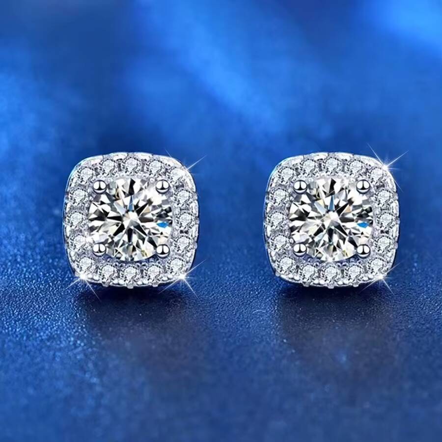 Luxury Design Micro Pave Setting Lab Diamond Sterling Silver White Gold Plated Solitaire Earring Stud Moissanite Earring Studs
