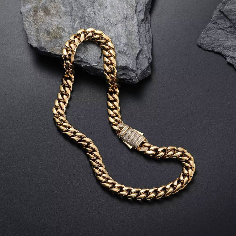 Wholesale 18K Gold Cuban Link Chain Necklace 18K Gold Miami Cuban Chain 14mm Width with Moissanite for Weddings and Gifts