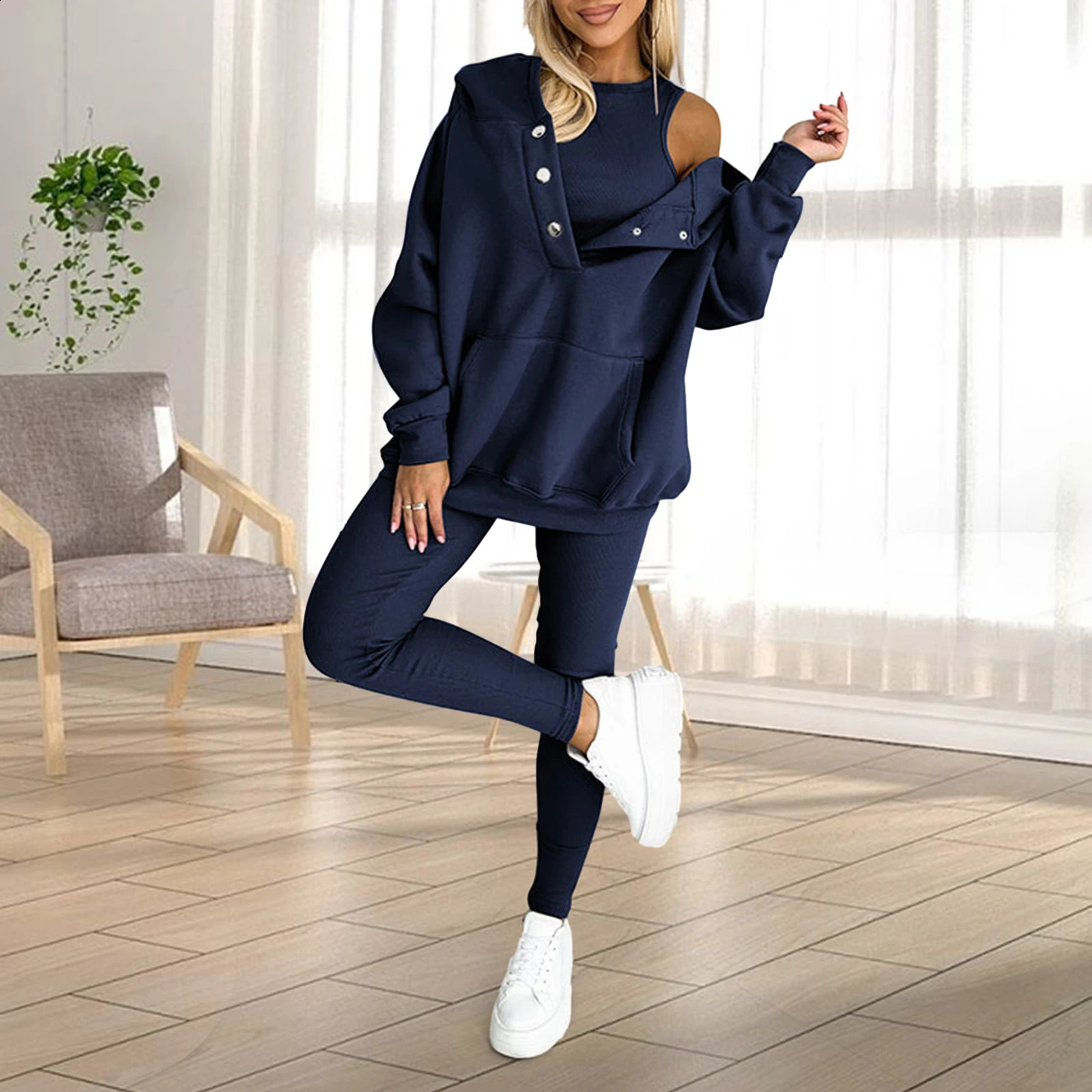 2PcsSet Women Spring Casual Outfit Hooded Long Sleeve Sweatshirt Joggers Pants Set Comfortable Solid Color Tracksuit 251027
