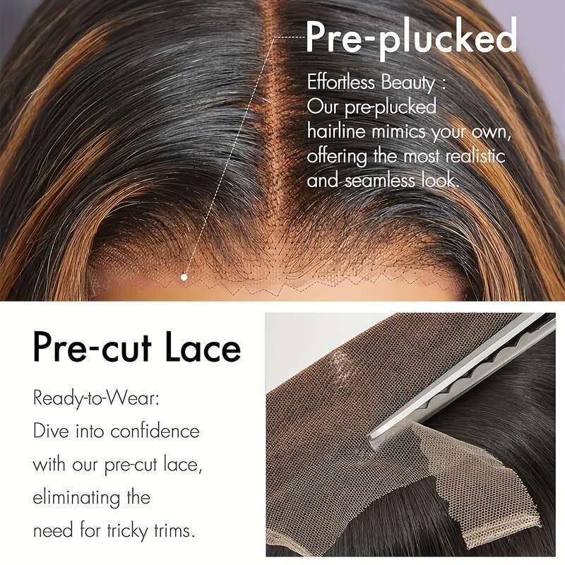 5X5 Glueless Lace Front With Brown Highlights - Pre-Plucked Loose Body Wave Human Hair Long Black Hairpiece For Women, Ready To Wear Natural Look, Wig