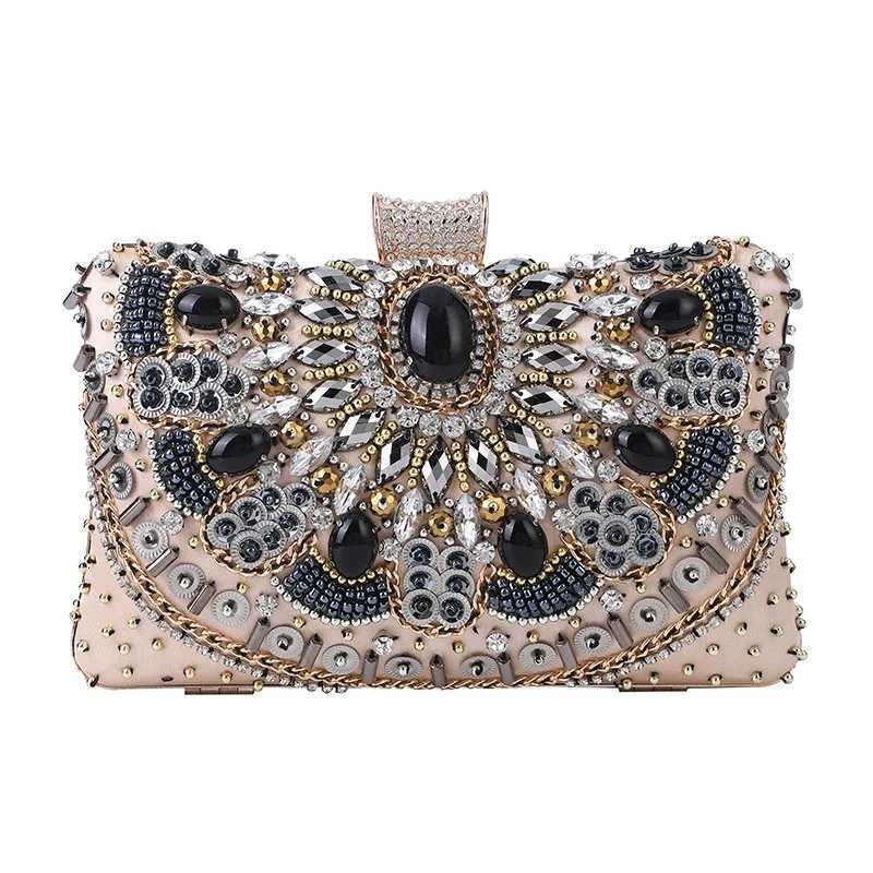 Fashion Handmade Black Beaded Rhinestone Evening Bags Metal Chain Shoulder Bag Embroidery Diamond Clutch Bags for Wedding Party H251027
