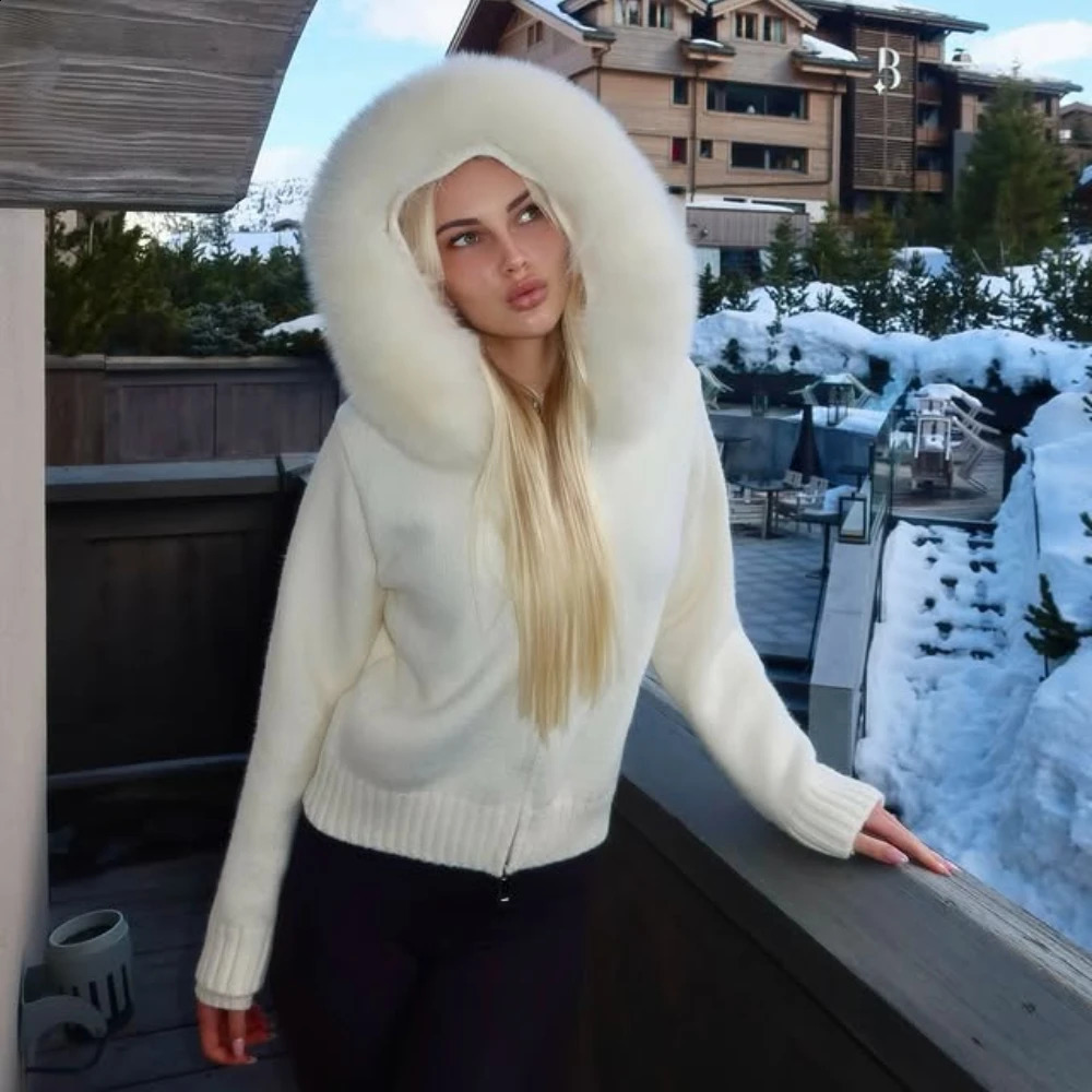 OFTBUY Real Fox Fur Kintwear Women 2025 Spring Autumn Hooded Sweater Female Loose Zipper Kintted Jacket Oversized Cardigan 251027