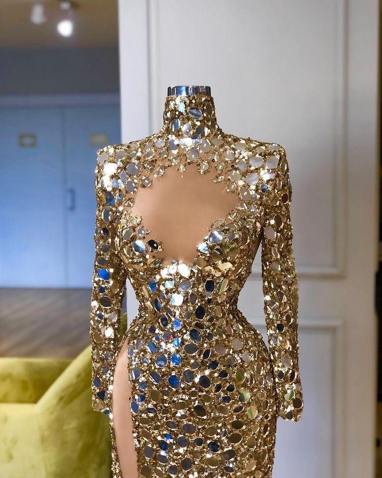 Plus Size Arabic Aso Ebi Gold Sequined Sexy Prom Dresses Long Sleeves High Split Evening Formal Party Second Reception Gowns Dress