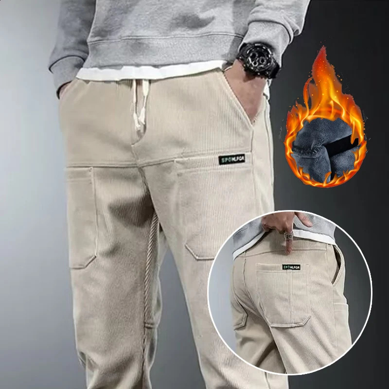 Autumn Winter Mens Stylish Thermal Corduroy Pants Comfortable Plush Narrow Leg Trousers Daily Elastic Waist Straight 251027