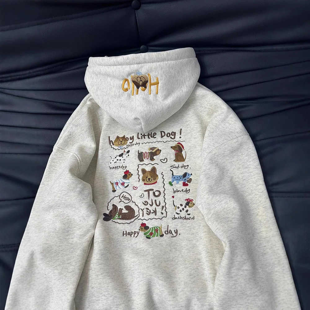 Sanrio French cute dachshund puppy print hooded sweater womens autumn and winter plus velvet high sense niche casual loose coat L251028