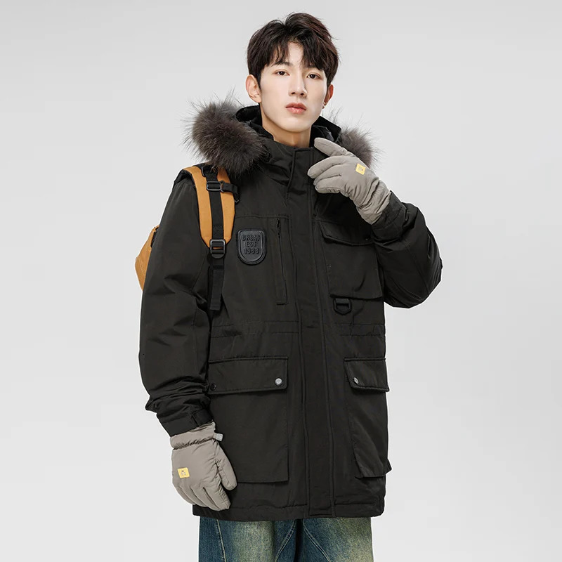 90 White Duck Down Coat Male Winter Casual Thick Warm Fur Collar Down Jacket Mens Outdoor Tooling Multipocket Long Ski Parka 251023