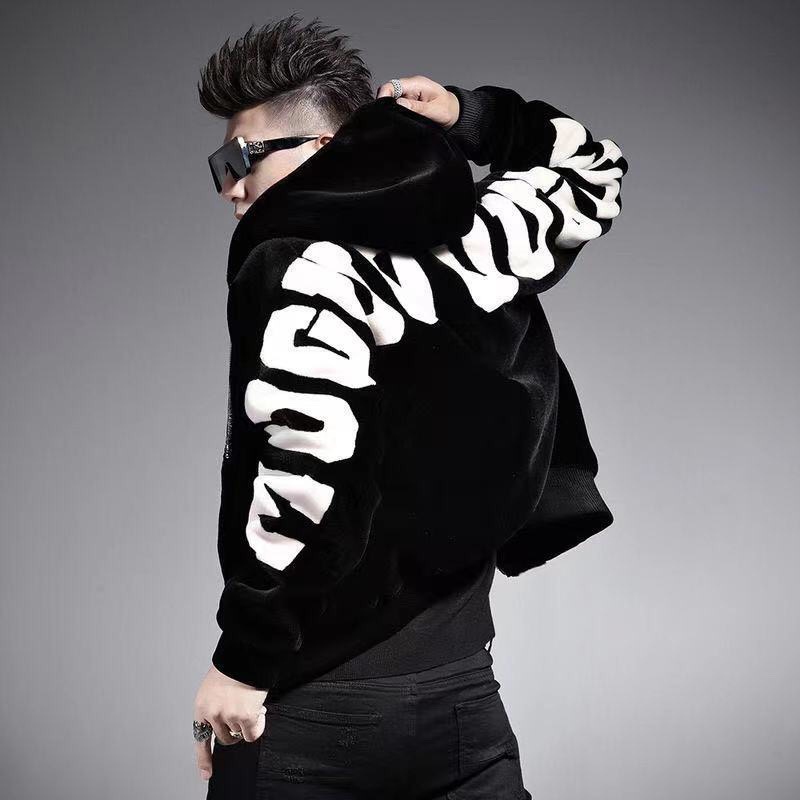 Men's Jackets Winter Fashion Trend Printed And Plush Thick Warmth Black With Fleece Luxurious Design Hooded Jacket For Casual Loose Sports Windpr