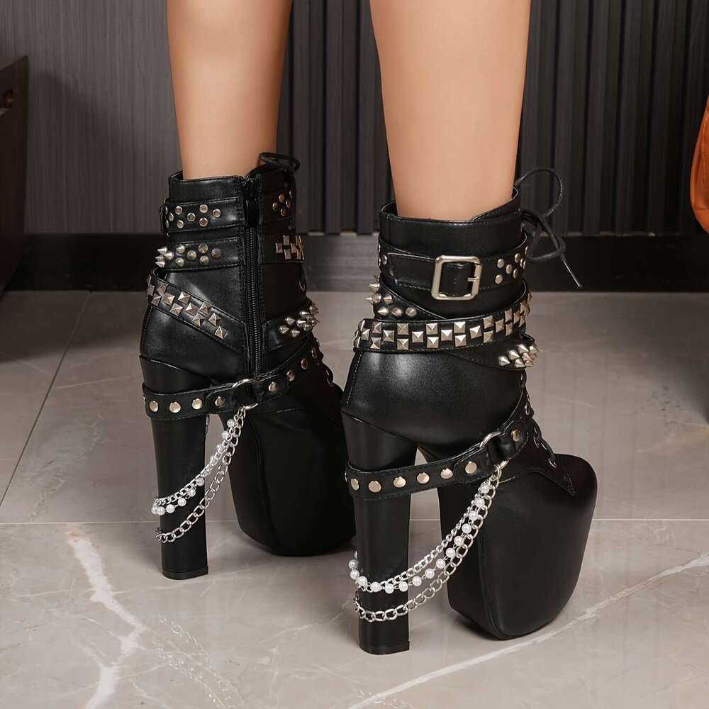 Chunky Ankle 16Cm Thick Platform Heels, Lace-Up Closure, Non-Slip Rubber Sole Gothic Punk Boots For Parties, Everyday & Formal Events Available In EU 