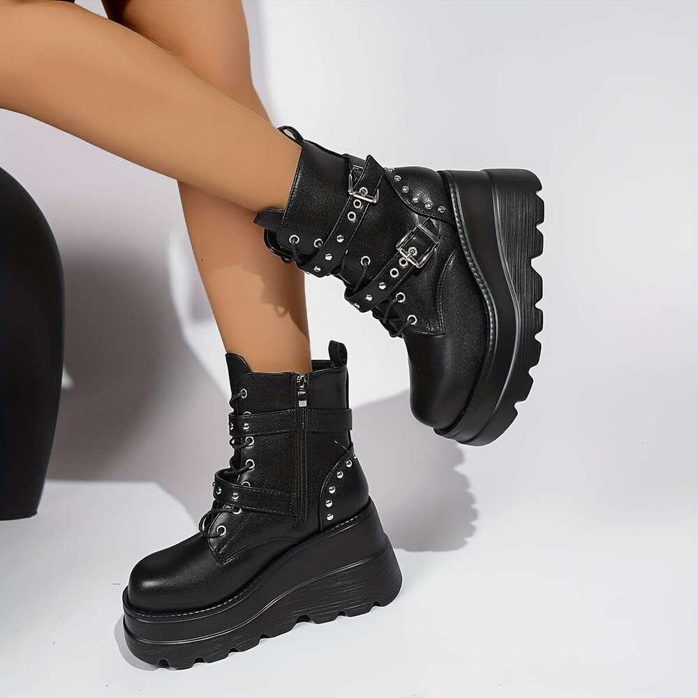 Women's Punk Style Ankle Thick Platform Sole, Side Zipper Closure Chunky Buckle Details - Black Synthetic Cover Round Toe Boots With Cushioned In