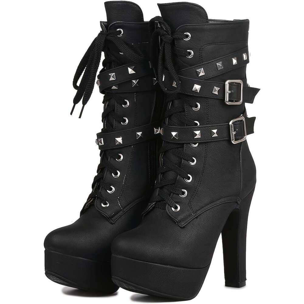 Decorative Boots| Stylish Women's Mid-Calf Platform With Lace-Up Closure, Sexy Round Toe, And Buckle Straps - Black PU Cover Heels For Fashionabl