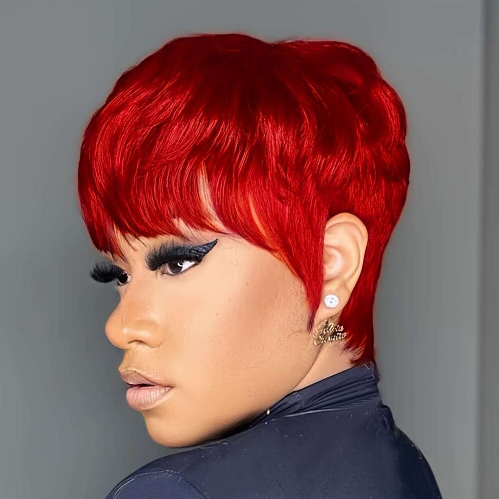 Women's 6-Inch Straight Human Hair Wig With Layered Bangs - Bright Ruby Red Pixie Cut, Density Rose Net Cap, Natural Look For Cosplay & Everyday 