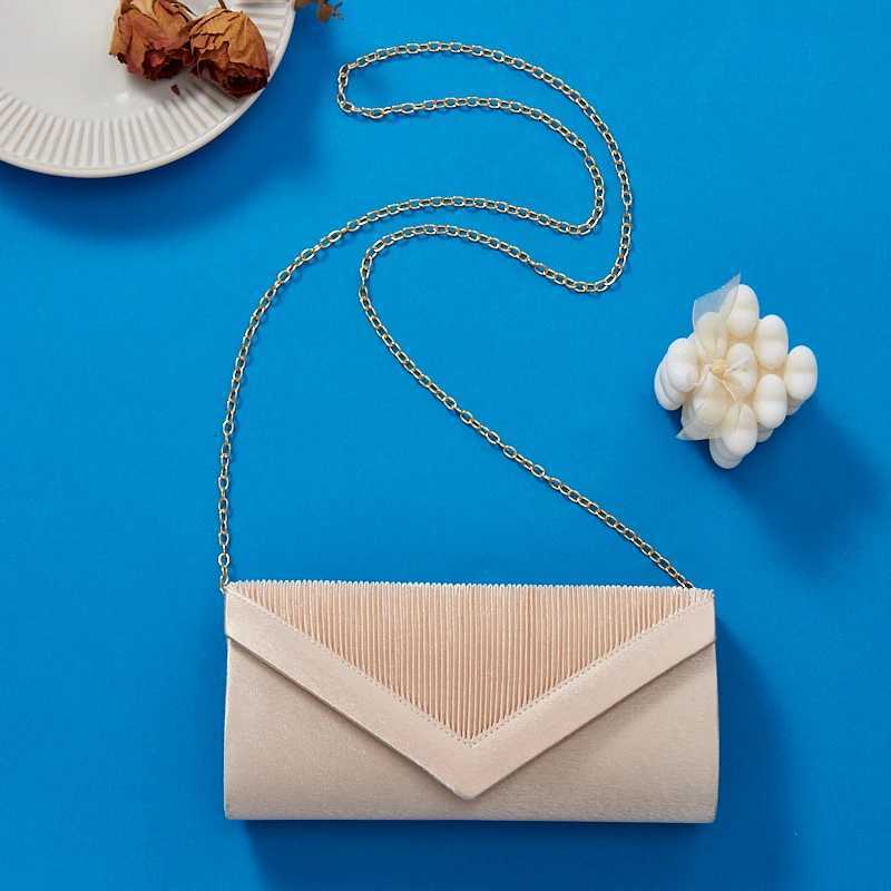 Satin Pleated Envelope Evening Bag Wedding Clutch Cross Rhinestone Wedding Dress Purse with Golden Chain for Red Carpet Bridal H251027
