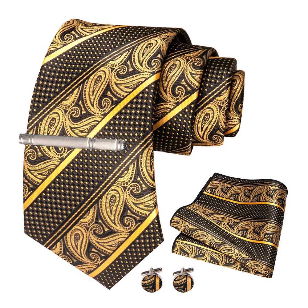 KAMBERFT New Classic Silk Mens Tie Red Gold Striped Mens Tie Handkerchief Cufflinks Set Wedding Business Party GravatasW251028