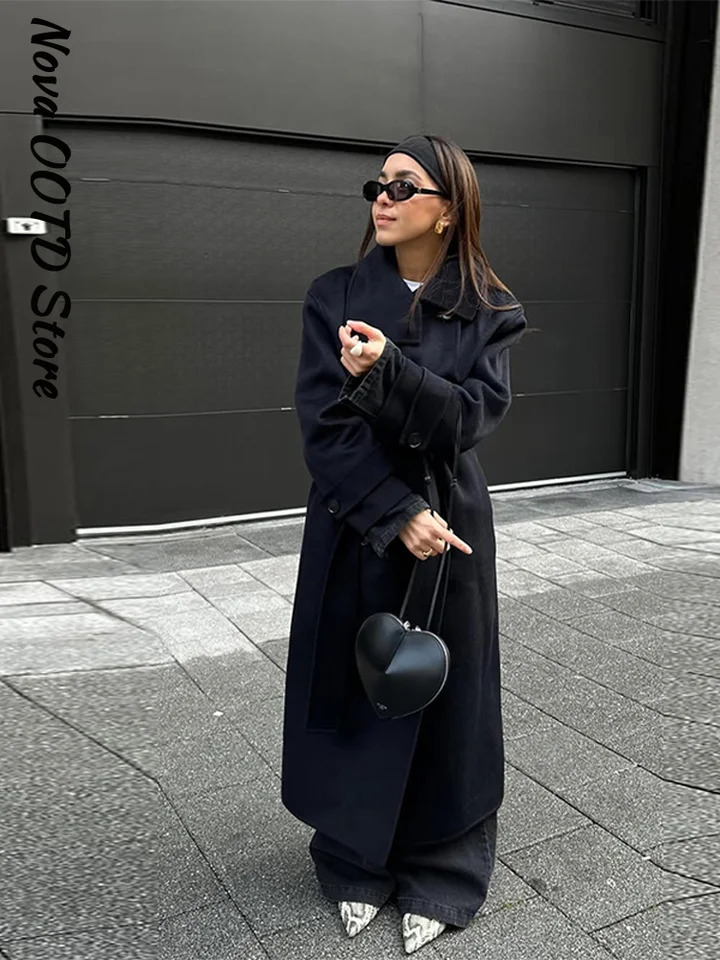 Chic Lace Up Long Woolen Coat Women Stand Collar Single Breasted Full Sleeve Thick Overcoats Autumn Winter Lady Outwear 251023