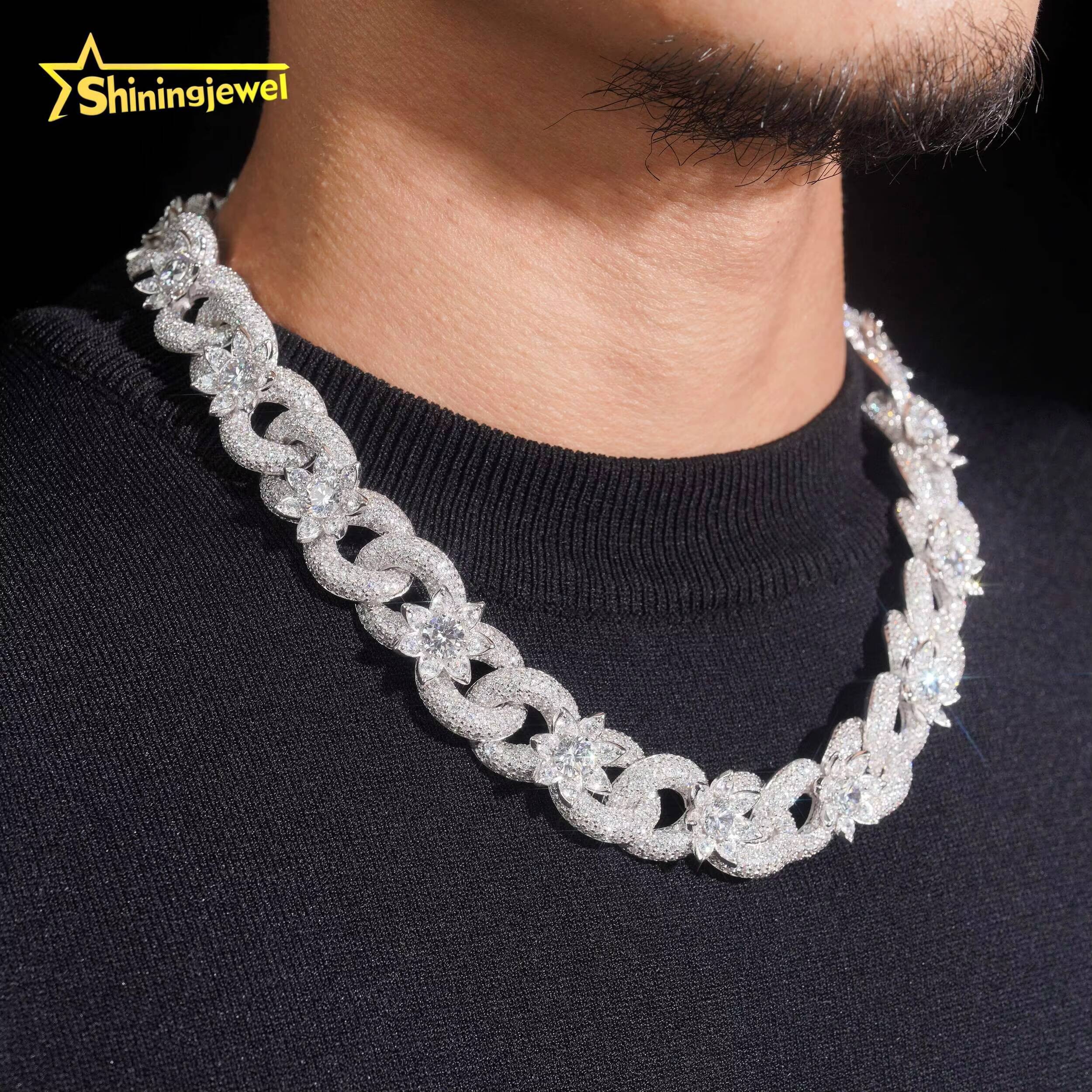 Custom Made Hip Hop Jewelry Bling Fashion Men Necklace 925 Sterling Silver 18MM Flower Moissanite Infinity Cuban Link Chain