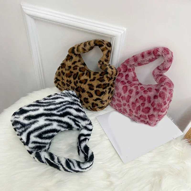 Y2k Korean Plush Retro Leopard Print Bags for Women Underarm Bags Leopard Zebra Pattern Fluffy Tote Bags Small Purses HandbagsW251028