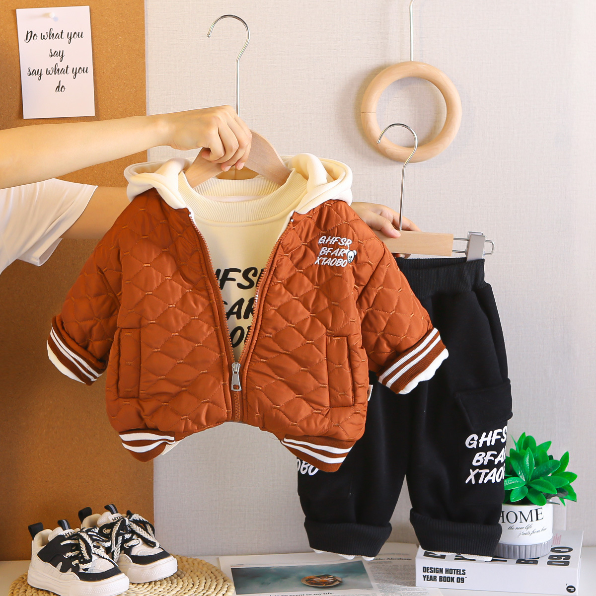 Kids Clothing 2025 Boys Winter Fleece-Lined 3-Piece Set, English Bear Print Overalls Outfit, Warm Thermal Clothing for Baby Boy & Toddler Free Shippin