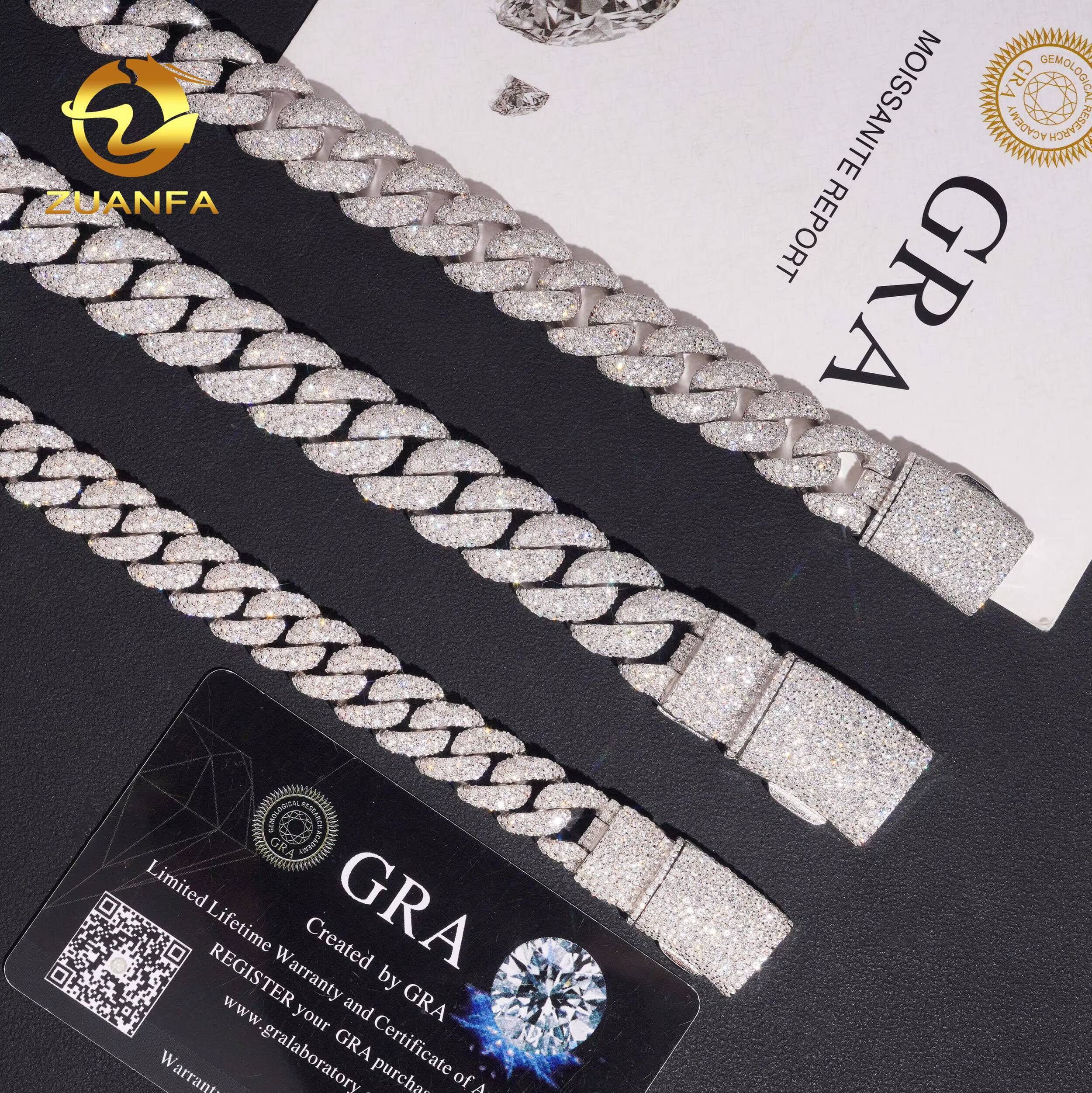 Hip Hop Jewelry 12mm 14mm 15mm Moissanite Cuban Link Chain 925 Silver Iced Out Mosaic Cuban Link With GRA Certificate