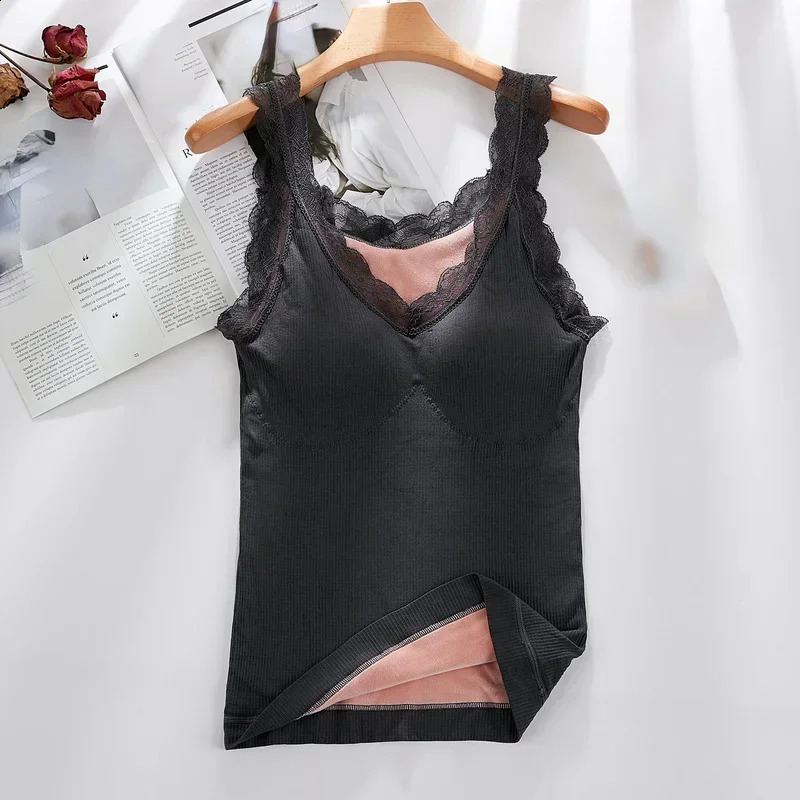 4090 Kg Plus Size Thermal Underwear Female Velvet Lace Vneck Sexy Slim Warm Vest Camisole Cotton Tank Tops 251027