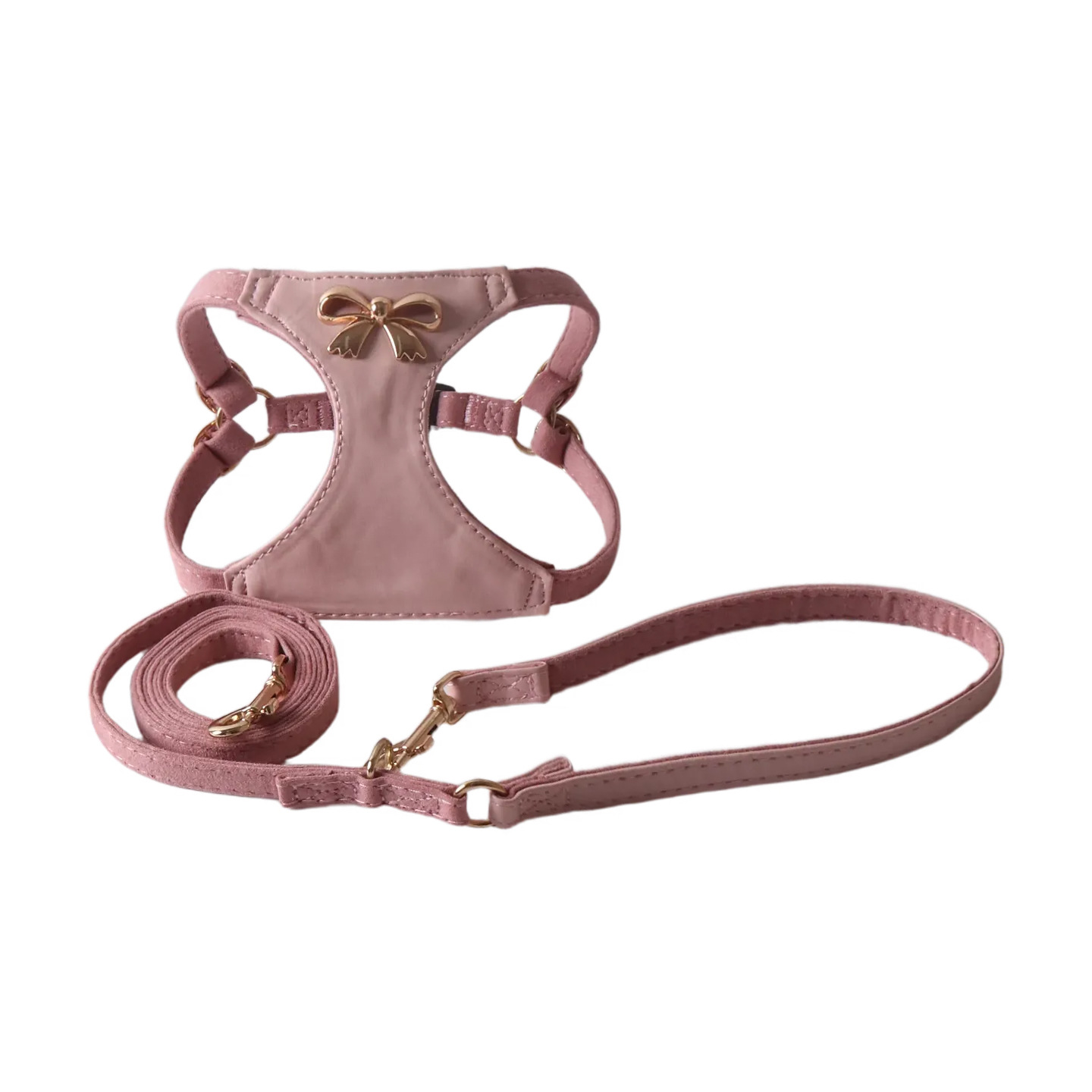 Luxury Suede Pet Harness Leash Set with Metal Bowknot, Adjustable & Durable, Stylish Walking Gear, Comfortable Pet Vest Harness with Leash, Suitable f