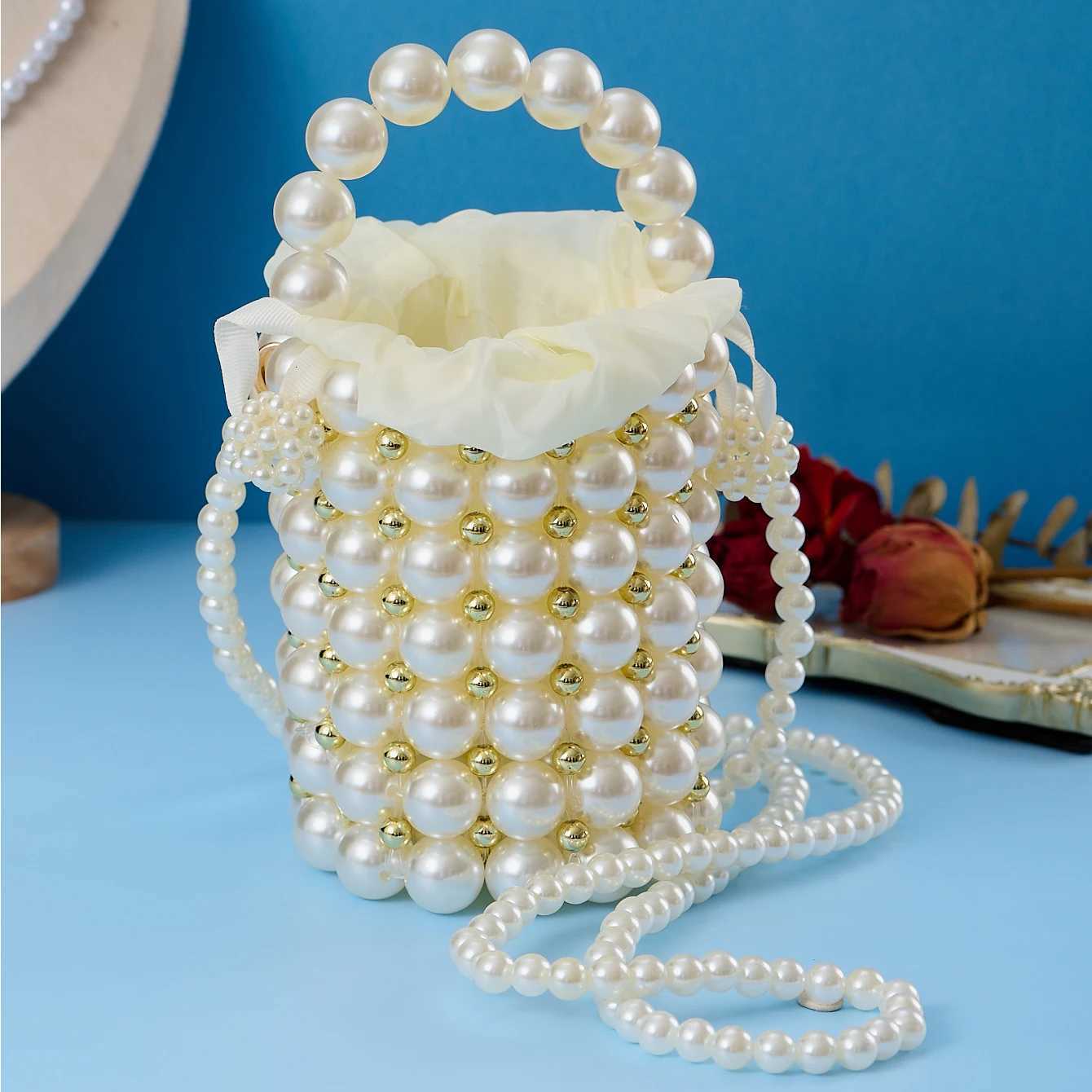 fAshion party women and mini handmade shoulder crossbody bag beaded handbag cluTCh purse pearl bucket bag H251027