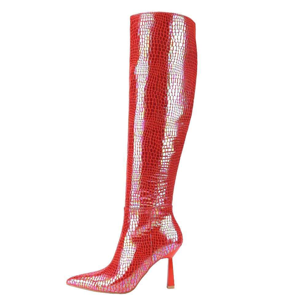 Women's Autumn And Winter Kitten Heel Pointed Toe Boots, Snake Print Metallic Colored Leather Design