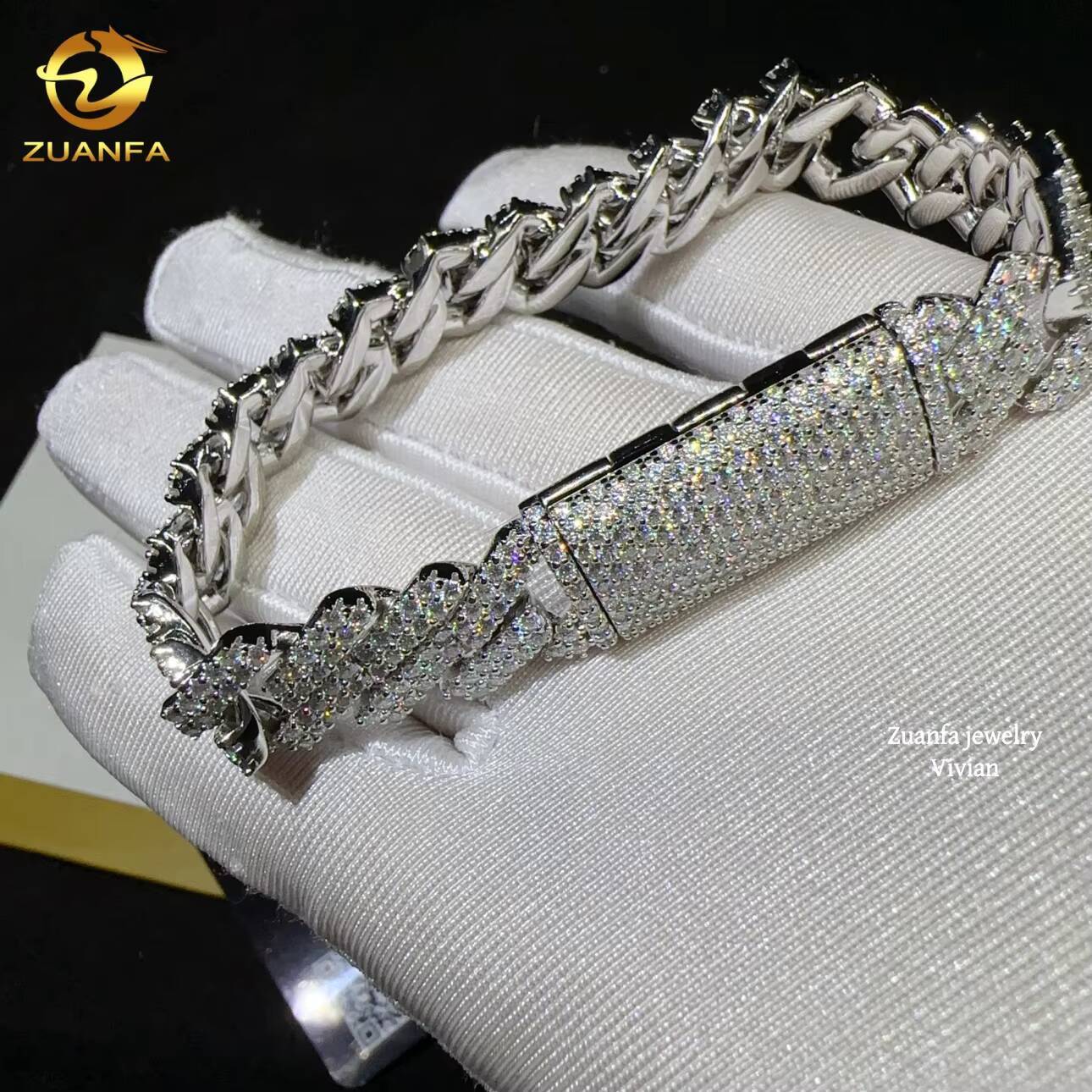 Fine Jewelry Sterling Silver 925 Vvs Moissanite Pass Diamond Tester Iced Out Lab Diamond Jewelry 13mm Cuban Link Chain Bracelet