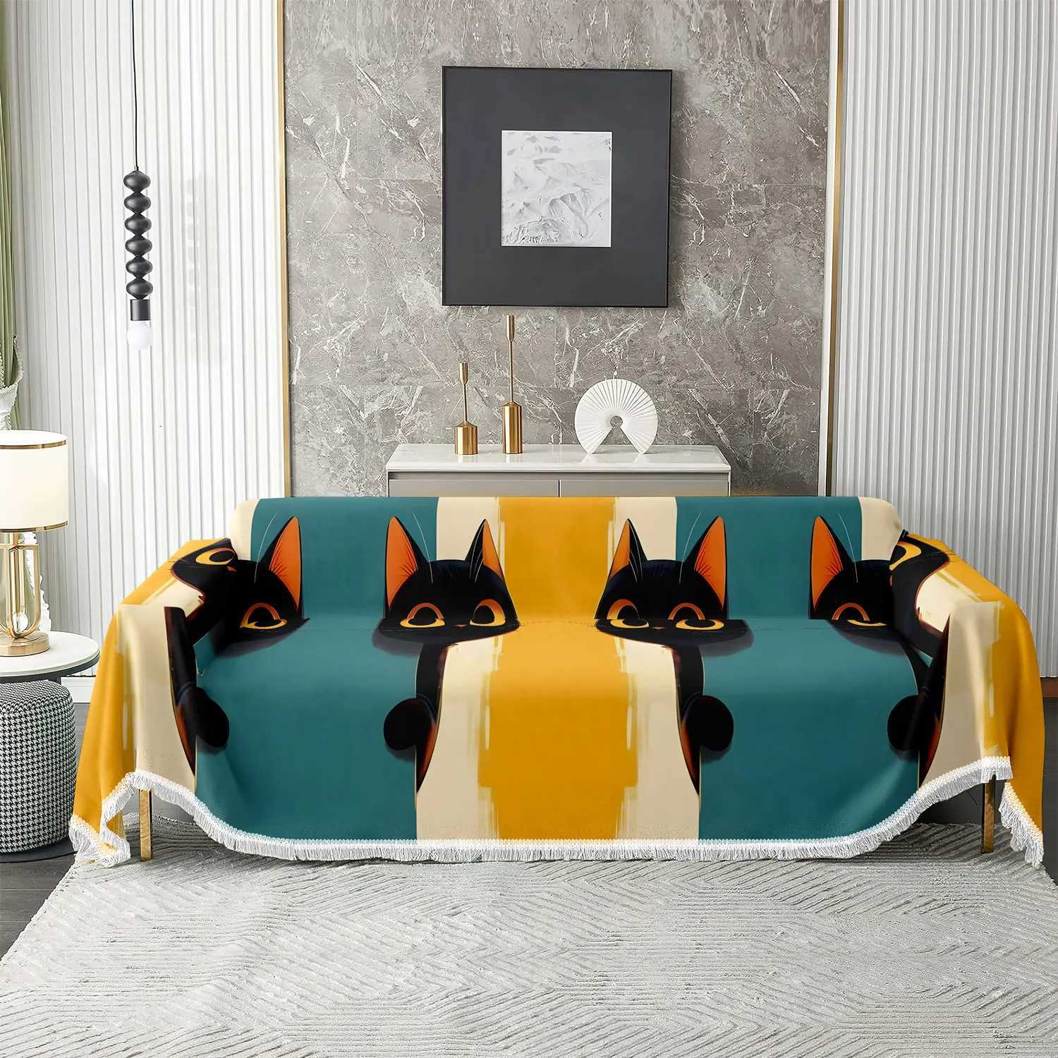 1234seater Blue and yellow patchwork design black cat print sofa cover tassel design washable sofa cover C251028