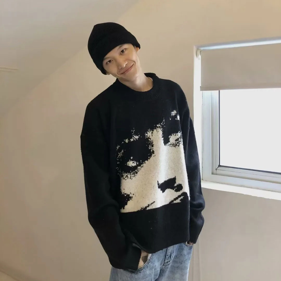 Mens Retro Gothic Knitted Sweaters Portrait Pattern Knitting Pullover Autumn Winter Streetwear Loose Hip Hop High Street Sweater 251023