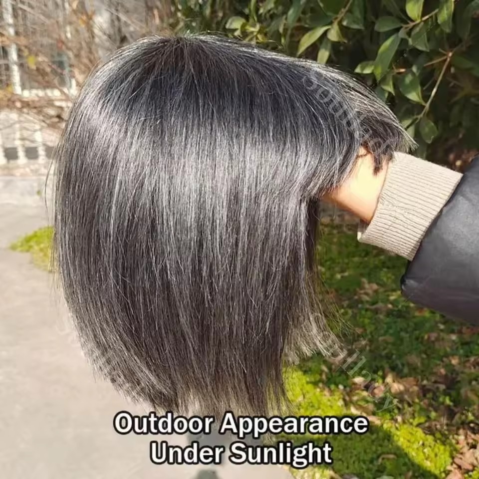 Chic Salt & Pepper Short Straight Bob Wig With Bangs Real Human Hair Wear and Go Glueless Fringe Wigs For Seniors