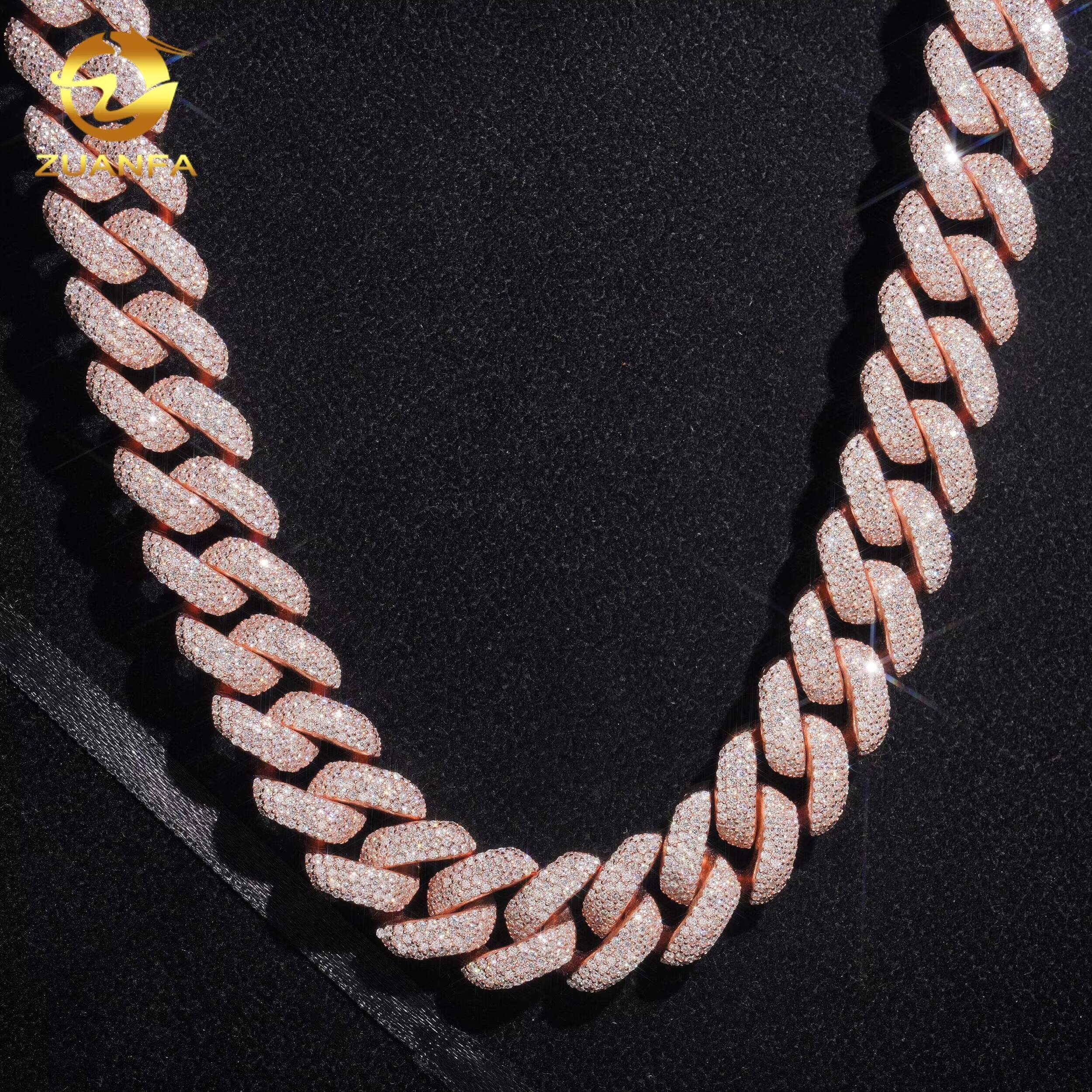 Zuanfa Rose Gold Plated Heavy 18mm Moissanite Cuban Chain Iced Out Necklace 925 Solid Silver Cuban Link Chain