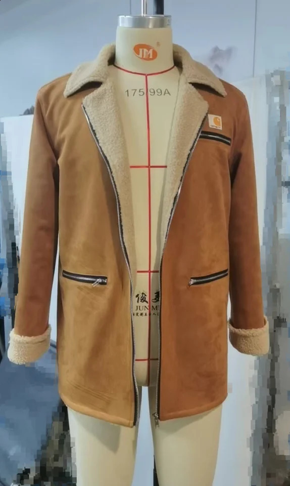 Mens Vintage Suede Shearling Coat Fleece Lined MidLength Jacket with Zipper Pockets Reverse Collar and Warm Wool Fur 251027