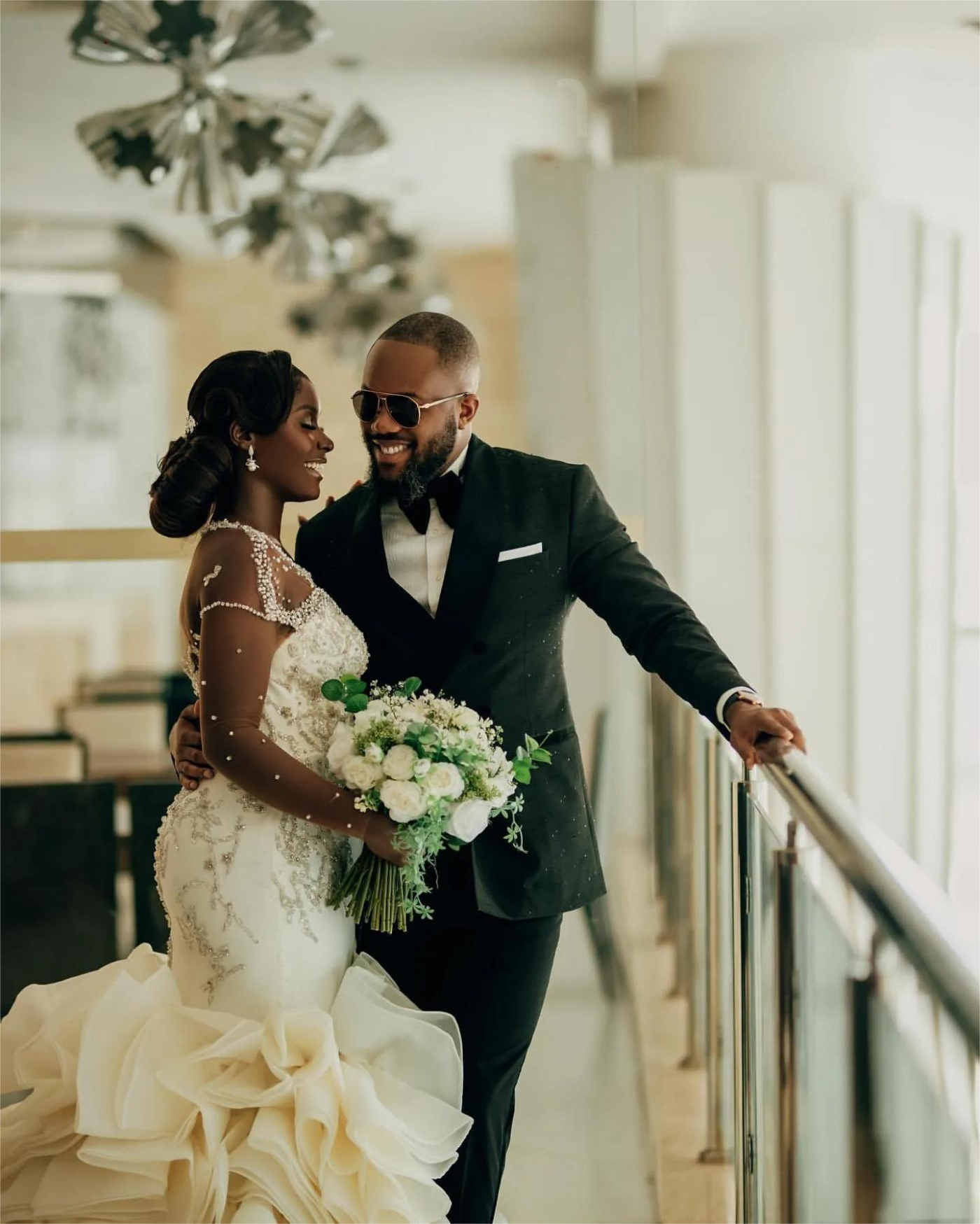 Aso Ebi Mermaid Wedding Dress in Ivory with Beaded Crystals Satin Tiers Luxurious and Sheer Neck