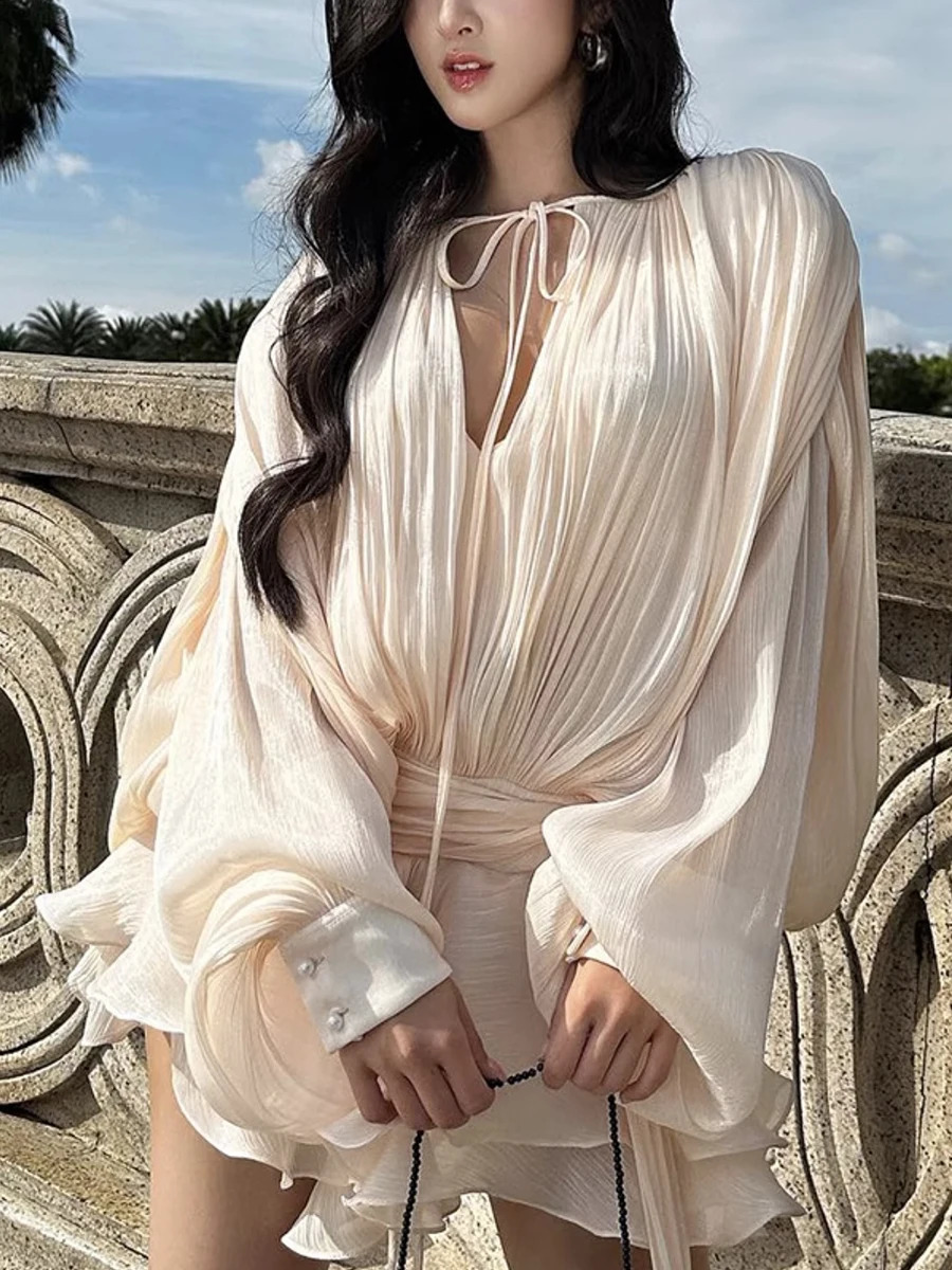 GALCAUR Solid Loose Splicd Lace Up Dresses For Women V Neck Long Sleeves Patchwork Ruffles Tunic Dreses Female Fashio 251027